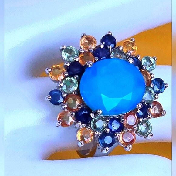 925 Sterling Silver Ring Sz 6.75 with Natural Blue Opal & Multi-Color Sapphire - Picture 6 of 11